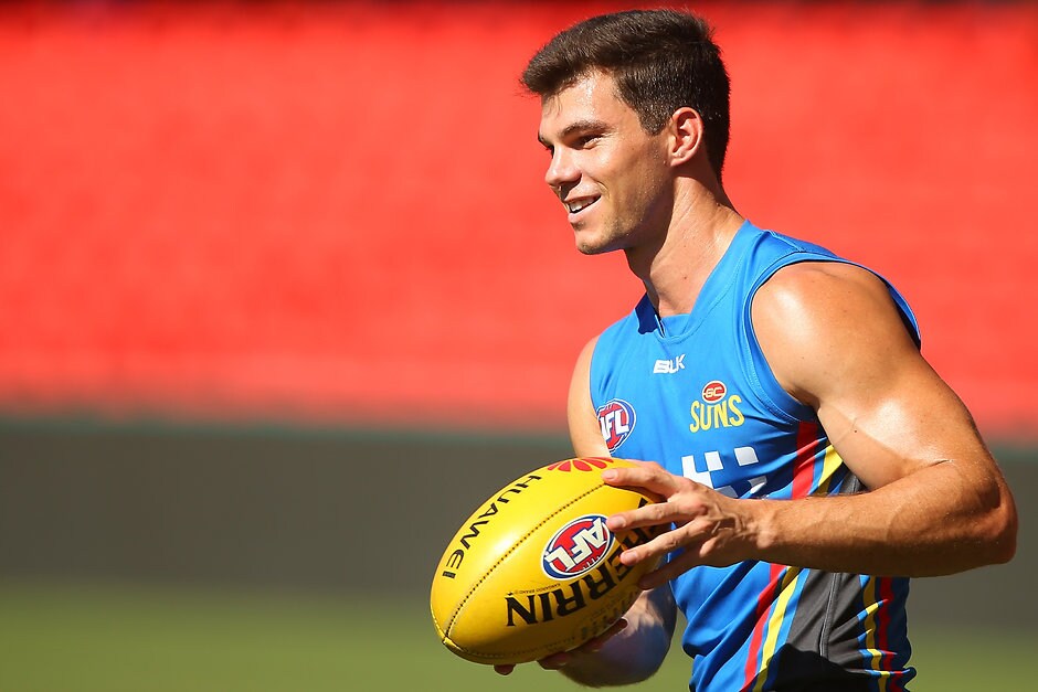 AFL 2016 Training - Gold Coast Suns 070416 GOLD COAST, QUEENSLAND - APRIL 07: Jaeger O'Meara smiles during a Gold Coast Suns AFL training session at Metricon Stadium on April 7, 2016 in Gold Coast, Australia. (Photo by Chris Hyde/AFL Media/Getty Images)